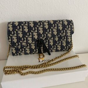 Dior Black and Cream Patterned Clutch with Gold Chain